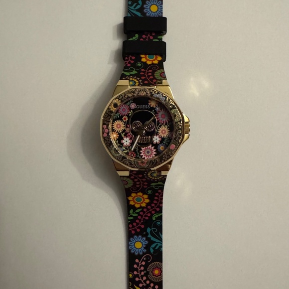GUESS Ladies Day of the Dead Black & Gold Tone Watch - Picture 2 of 4